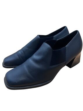 Aerosoles HEEL A WAY Navy Blue Leather Slip On Block Heel Loafers Womens 7.5 M